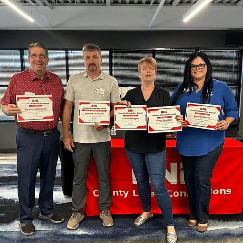 BNI CLC | We have so many Notable Networkers in our Chapter every month and everyone gets a great Certificate-so here's a line of Stephen Morrison (Real Estate Services), Jeremy McVicker (Home & Auto), Claire Sandbrook as Chapter President 22-23, and Brenda Torres (Marketing & Events)
